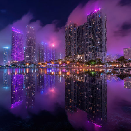 Illuminated skyscrapers rise from the water in a nighttime scene. The buildings are lit with purple and pink hues, reflecting in the calm surface below. The composition features a symmetrical arrangement with dramatic lighting and a sense of serenity suitable for various commercial purposes.の素材