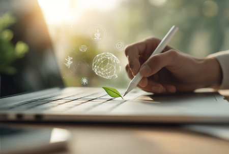 A hand uses a stylus on a laptop, with a green leaf and digital spheres overlaying the image. The composition features soft lighting and shallow depth of field, highlighting the focus on technology and environmental concepts. Suitable for various projects, including technology, environmental, and business-related topics.の素材