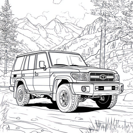 An off-road vehicle illustration is presented in black and white against a backdrop of mountains and trees. The image showcases a vehicle in a detailed line art style, emphasizing its design. This artwork could be suitable for various applications, including print materials or digital media, for illustrative purposes.の素材