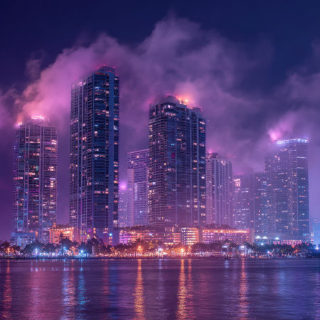 A nighttime cityscape displays multiple skyscrapers illuminated by city lights reflecting on a water surface. The composition features a vibrant color palette, with purple and orange hues dominating the scene. The image suggests an urban setting, possibly depicting a waterfront area, and is suitable for commercial and editorial applications.の素材