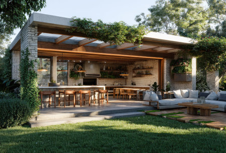 An outdoor kitchen features a spacious layout with a bar and additional dining area, complemented by comfortable seating. The scene highlights natural light and modern design elements. The image is suitable for architectural visualization, lifestyle content, and design publications.の素材