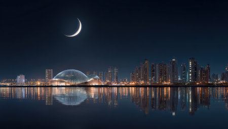 A nighttime cityscape displays buildings with illuminated windows reflected in tranquil water. A crescent moon shines above the skyline, creating a symmetrical composition. The scene features a dark blue sky, highlighting the bright city lights. Suitable for editorial and commercial use.の素材