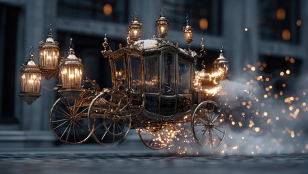An opulent carriage, illuminated by multiple lanterns and surrounded by glittering sparks, is the central focus. The image showcases intricate detailing and a blend of dark and golden tones. Likely captured outdoors at dusk or night, the image is well-suited for conceptual art, design, or decorative purposes.の素材
