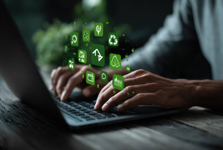 A person types on a laptop keyboard. Floating green icons depict various environmental and sustainability symbols. The image features a shallow depth of field, focused on the hands and keyboard. The overall style suggests a modern technological context and highlights eco-friendly concepts, suitable for editorial and commercial use.の素材