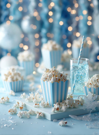 Popcorn is presented in blue striped cups next to a refreshing blue drink in a glass. The composition features a variety of popcorn pieces scattered around. The image is set against a blurred background with bokeh lights, creating a soft, inviting atmosphere. Suitable for a variety of advertising or editorial applications.の素材