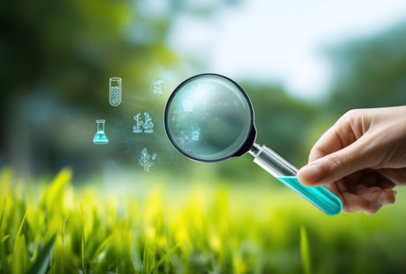 A hand holds a magnifying glass over a flask containing blue liquid. Digital elements suggest scientific analysis. The scene features lush green foliage with a shallow depth of field, implying an outdoor setting. The image may be useful for educational materials, research articles, or commercial content related to science.の素材