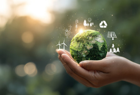 A person's hand gently cradles a miniature globe, symbolizing Earth. Various icons related to sustainability and renewable energy surround the globe. The composition features soft lighting with a bokeh effect, suggesting an outdoor setting during the daytime. The image is suitable for environmental awareness and conservation-themed materials.の素材