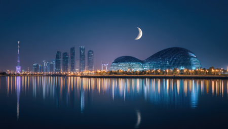 A night scene presents a modern cityscape with buildings reflecting in calm water. The composition is balanced, featuring a dark blue sky with a crescent moon. Soft lighting enhances the architectural details, with a serene atmosphere suitable for diverse commercial applications.の素材