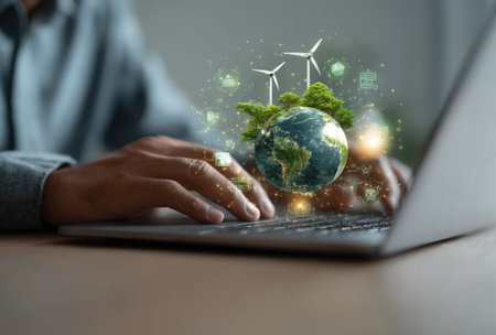 A person interacts with a laptop, the image overlaid with a miniature globe and wind turbines. The composition uses soft lighting and bokeh effects, suggesting an indoor setting. This image represents sustainable energy and environmental consciousness. Suitable for articles or promotional materials.の素材