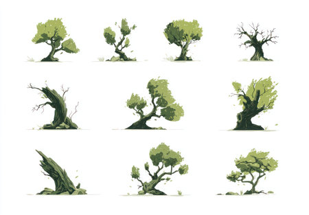 This image presents a set of nine stylized tree illustrations against a clean white backdrop. The trees vary in shape and form, each displaying a blend of green foliage and brown or gray trunks. The overall style is illustrative with soft shading, suggesting possible uses for graphic design or editorial projects.の素材