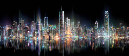 An illustration showcasing a nighttime cityscape with numerous skyscrapers. The image features a vibrant display of lights reflecting on a surface below. The composition could be used to represent urban development, travel, or infrastructure projects, appealing for commercial or editorial applications.の素材