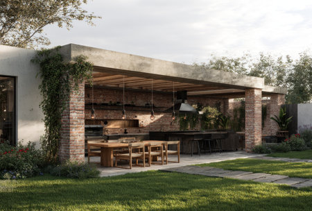 An outdoor kitchen features a large wooden dining table and chairs, set beneath a contemporary pergola with brick and wood accents. The scene is bathed in sunlight, with lush greenery surrounding the structure. This image could be used for architectural projects or lifestyle publications.の素材