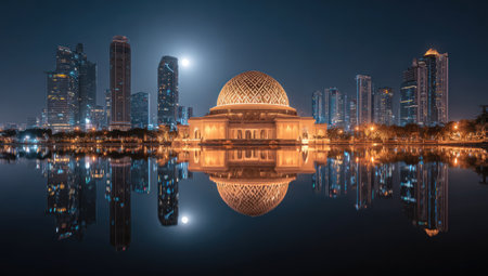 An illuminated mosque dominates the foreground with a modern cityscape skyline at night. The architectural structures are mirrored in the calm water. Warm lighting contrasts with the cool tones of the sky. This image could be used for architectural, travel, or cultural publications and marketing materials.の素材