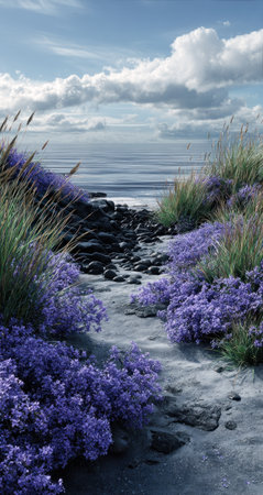 A path winds through vibrant purple flowers and green grass, leading towards the ocean. The image captures a sunny day with fluffy clouds in the sky. It features natural elements with a soft, inviting aesthetic. Suitable for various editorial and commercial applications related to nature and landscapes.の素材