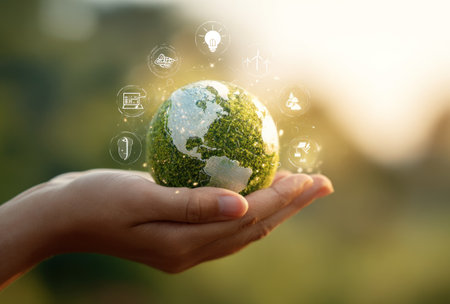 A hand cradles a miniature globe textured with green and white, symbolizing earth. Surrounded by glowing digital icons, the composition evokes concepts of environmental protection, technology, and interconnected systems. The image is bathed in soft sunlight against a blurred background, making it suitable for editorial and commercial use.の素材
