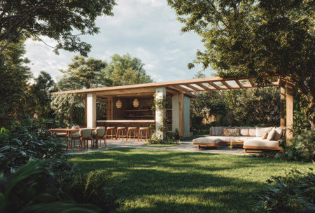 A tranquil outdoor scene features a modern lounge area with a bar and ample seating. The composition highlights wooden structures, lush greenery, and soft natural light. This architectural rendering could be used for lifestyle, interior design, or real estate marketing materials. The setting suggests relaxation and social gatherings.の素材