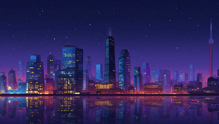 An illustration depicts a vibrant night cityscape with tall, modern buildings. The image features a palette of blues, purples, and orange hues. The scene includes light reflections on the water. This artwork could be suitable for digital design, editorial use, or commercial projects.の素材