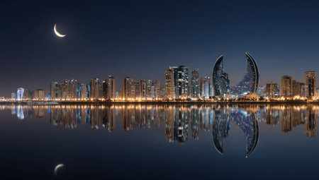 A nighttime cityscape features illuminated high-rise buildings reflected in calm water. The composition highlights a crescent moon in a dark blue sky. The scene shows modern architectural styles, with warm lighting contrasts and symmetrical arrangement. Suitable for commercial and editorial purposes.の素材