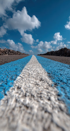 An image showcases road markings on asphalt against a vibrant blue sky filled with fluffy white clouds. The perspective is from a low angle, emphasizing the lines. This composition uses a wide shot, featuring contrasting colors and textures. Suitable for illustrating travel, transportation, or conceptual themes in various commercial projects.の素材