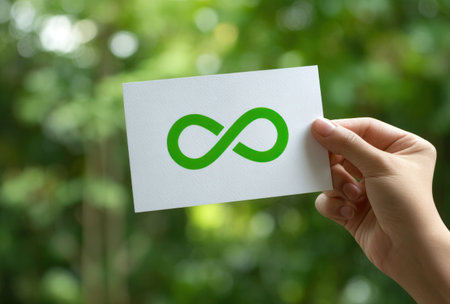 A person's hand holds a white card featuring a green infinity symbol. The symbol is the central visual element of the image. The background is a soft, out-of-focus display of green foliage. The composition uses natural lighting. The image may be useful for concepts like sustainability or design.の素材