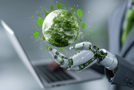 A robotic hand, part of a person in a suit, holds a glowing green globe above a laptop. The image features a modern, tech-focused style with blurred elements. This conceptual illustration uses light, texture, and composition to convey themes of technology, environment, and innovation. Suitable for various commercial and editorial applications.の素材