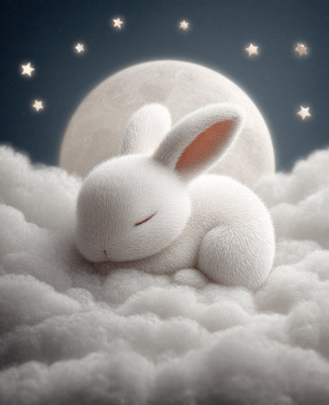 A fluffy white rabbit is shown asleep on a bed of clouds, with a large full moon as the backdrop. The illustration features soft textures and a gentle color palette, suggesting a peaceful, dreamlike environment. The image may be suitable for children's books, greeting cards, or designs related to relaxation and tranquility.の素材