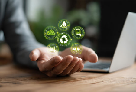 A person's hands cradle glowing symbols against a blurred background with a laptop. The icons showcase concepts like recycling and ecological preservation. The composition features warm lighting, and shallow depth of field, emphasizing the symbolic nature. The image may be suitable for illustrating ecological responsibility and corporate social initiatives.の素材