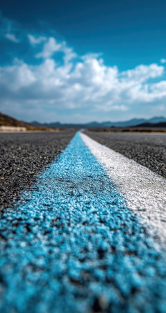 A low-angle perspective displays an asphalt road marked with a blue and white lane. The sky is bright blue and filled with clouds. The image captures a sense of distance and travel. Suitable for visual storytelling, it could be used for various commercial or editorial purposes, conveying themes of journeys and routes.の素材