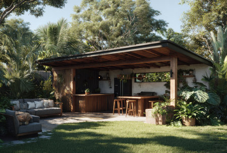 An outdoor kitchen and seating area are nestled in a vibrant garden. The scene features a wooden structure, a stone wall, and lush greenery. The composition showcases a sunny day, highlighting a relaxed atmosphere. This image is suitable for various commercial uses, including home decor and lifestyle projects.の素材