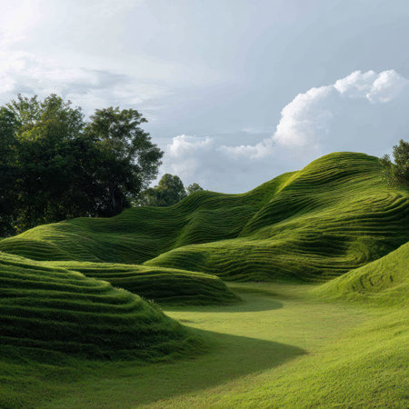 This image showcases a scenic landscape of rolling green hills under a partly cloudy sky. The composition emphasizes the texture of the grass and the interplay of light and shadow. It suggests a serene outdoor environment, perfect for a variety of commercial and editorial applications, emphasizing natural beauty.の素材