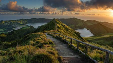 A pathway meanders across a verdant mountain ridge, offering a panoramic view of the surrounding landscape. The scene is bathed in the warm hues of a setting sun, highlighting the textures of grass and distant hills. Suitable for travel blogs, nature articles, and various commercial applications, this image evokes tranquility.の素材