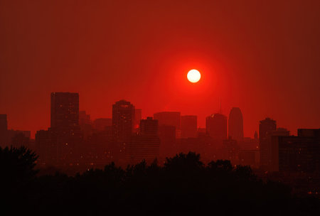 A cityscape is dramatically silhouetted against a fiery red sky and a bright sun. Buildings stand dark and defined, while the sky is filled with shades of red. The overall composition suggests an outdoor setting during sunset, possibly suitable for editorial or commercial applications.の素材