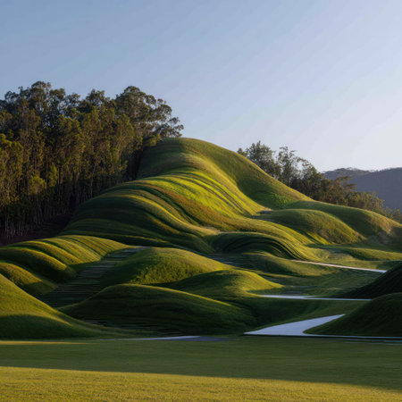 This image features a landscape of undulating green hills and pathways. The composition showcases textured grass illuminated by daylight. The photograph presents a stylized outdoor setting, possibly suggesting leisure or recreational themes. Potential applications include commercial and editorial uses related to nature and scenic views.の素材