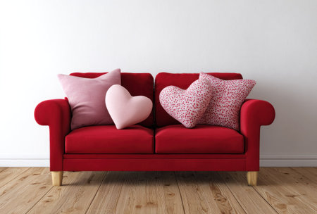 A vibrant red sofa is displayed against a plain white wall. The sofa is adorned with various heart-shaped and rectangular pillows in soft pink tones. The composition is simple, with the sofa centered, creating a sense of balance. It's suitable for various design, interior, or decorative purposes.の素材