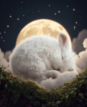 A fluffy white rabbit is curled up asleep, resting on a bed of green foliage. The scene is illuminated by a full moon and scattered stars in a dark blue sky. The image features soft lighting and a dreamy aesthetic, suitable for various editorial and commercial applications.の素材