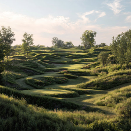 An aerial view presents a golf course featuring rolling hills and green fairways. The scene showcases natural sunlight and shadows, with trees dotted throughout. This image could be used for various commercial projects related to sports, travel, or landscape design, creating a sense of natural beauty.の素材