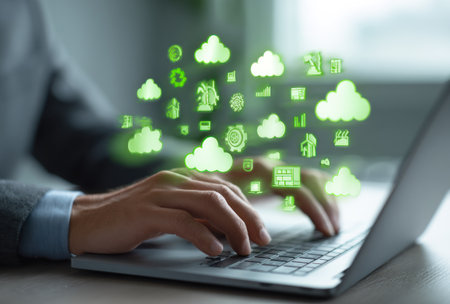 A person's hands work on a laptop keyboard. Green, glowing cloud computing icons are superimposed over the laptop. The image displays a modern, tech-focused composition with a shallow depth of field, natural lighting, and a soft focus. It could be used for articles, advertising, or presentations relating to technology.の素材