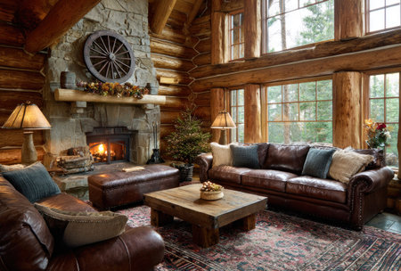An inviting interior showcases a stone fireplace, adorned with a decorative wheel. Leather sofas and a wooden coffee table provide comfortable seating. The room's architecture features exposed wooden logs and large windows. This warm environment suggests potential use for home decor or lifestyle publications.の素材