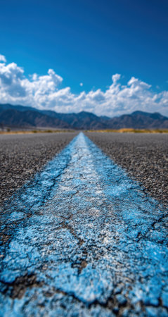 A close-up perspective showcases a road marked with a blue line, receding into the distance toward mountains. The asphalt texture is visible, contrasted against the bright sky dotted with clouds. Ideal for travel or journey concepts, this image presents a sense of direction with a focus on natural scenery.の素材