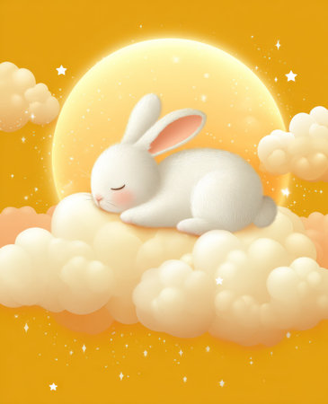 A white rabbit rests peacefully atop fluffy, cream-colored clouds against a vibrant, yellow backdrop. A full, glowing moon illuminates the scene, complemented by soft, diffused lighting. This whimsical illustration could be suitable for children's books, greeting cards, or designs related to dreams and fantasy.の素材