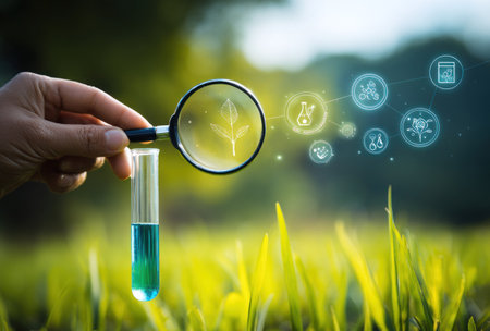 A hand holds a test tube with blue liquid and a magnifying glass over grass. The image features soft focus and bokeh effects. The composition utilizes a shallow depth of field, with vibrant green and blue hues. This scene could be used for scientific articles and educational materials.の素材