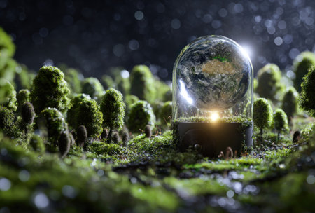 An image displays a glass dome containing a globe, resting atop a mossy base. The environment is lush green with small, tree-like structures, suggesting a natural setting. Overhead lighting casts a glow on the globe. Suitable for concepts of environment, protection, or science for commercial purposes.の素材
