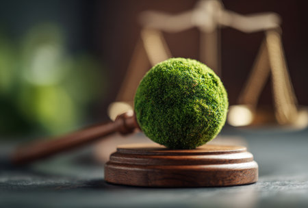 A close-up captures a moss-covered sphere resting on a wooden gavel with blurred scales of justice in the background. The scene is illuminated by soft lighting, highlighting the textures and colors of natural elements against legal symbols. This conceptual image may serve various purposes from editorial illustrations to commercial design projects.の素材