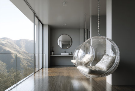 An interior shot features two clear, spherical hanging chairs suspended in a modern space. The scene is dominated by neutral tones and natural light, complemented by a large window displaying a mountain vista. The composition suggests a serene and sophisticated environment potentially used for lifestyle, design, or architectural publications.の素材