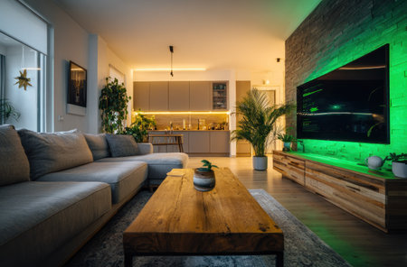 An interior shot showcases a modern living room featuring a large sofa, wooden coffee table, and an entertainment unit. The scene is illuminated by ambient lighting, with a green glow accentuating the television. The composition highlights a minimalist design with natural elements, suitable for various editorial and commercial applications.の素材
