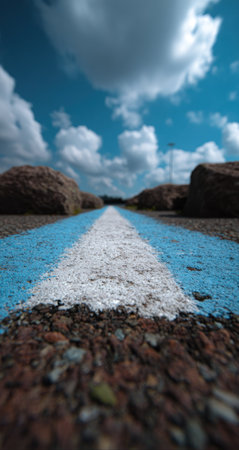 An image captures road markings receding towards a bright blue sky filled with fluffy white clouds. The asphalt shows a detailed texture, the focus is on a central road marking. The visual style features bright natural daylight, highlighting the contrast of colors. Suitable for various projects needing a backdrop or scenic visuals.の素材