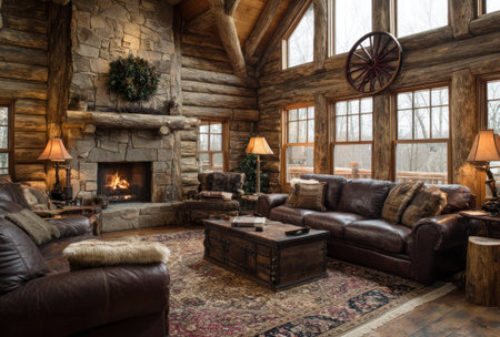 An inviting interior showcases a stone fireplace, leather sofas, and a wooden log cabin design. The warm color palette includes browns and tans, complemented by ambient lighting. The composition suggests a comfortable and inviting living space. Suitable for various applications related to home decor or lifestyle content.の素材