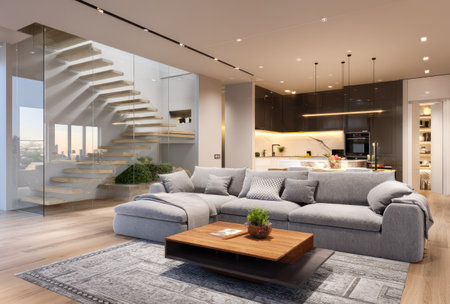 This image showcases a modern interior of a living room, featuring a large sectional sofa, a coffee table, and a staircase. The scene is bathed in warm lighting, highlighting the textures of the furnishings and the architectural details. It could be used for various purposes, including real estate promotion and interior design projects.の素材
