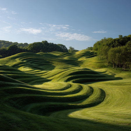 An aerial view showcases a vibrant green landscape featuring undulating, curved ridges of grass. The scene is illuminated by bright sunlight, casting shadows and enhancing the texture of the terrain. Lush trees dot the horizon, under a clear blue sky. This image is suitable for various commercial uses, including promoting nature and outdoor themes.の素材