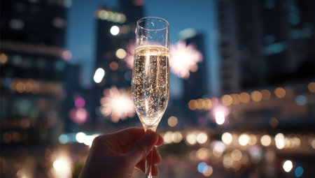 A hand holds a champagne flute filled with bubbly liquid against a backdrop of city lights and fireworks. The composition features soft bokeh effects and a warm color palette. This image could be used for celebratory events, advertising, or editorial content related to beverages.の素材